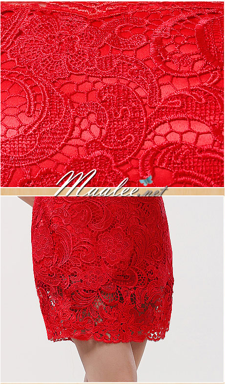 พร้อมเช่า ชุดราตรียาว สีแดง ลูกไม้ทัั้งตัว เปิดไหล่ แขนสามส่วน