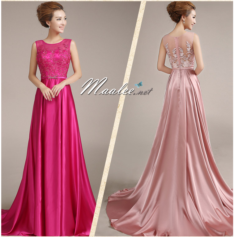 พร้อมเช่า ชุดราตรียาว สีชมพูกะปิ ปักลูกไม้แต่งเลื่อม ด้านหลังเป็นแบบซีทรู กระโปรงผ้าซาติน ชายยาว