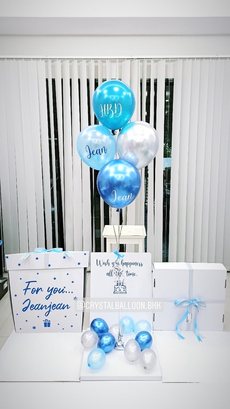 Happy Birthday Surprise Box Theme สีฟ้า พร้อมตกแต่ง ลูกโป่ง 5 ลูก,สามารถใส่รูปได้ 2 ใบ สามารถเปลี่ยนสีลูกโป่ง/เปลี่ยนข้อความได้