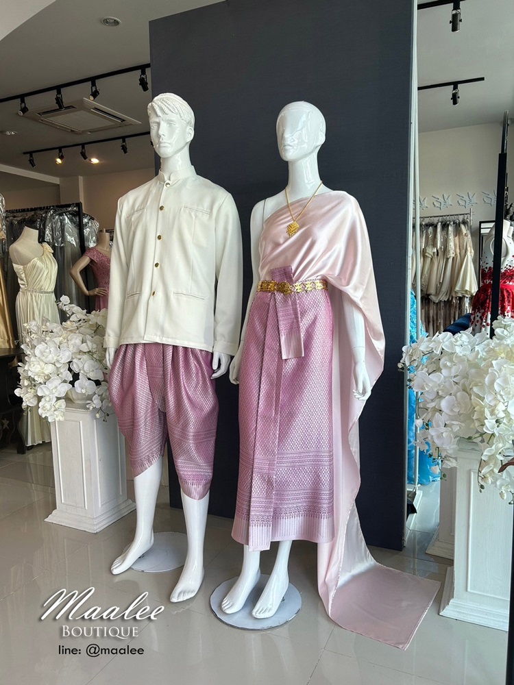 เช่า ชุดไทย ชุดเพื่อนเจ้าสาว ชุดไทยผ้าถุงสีม่วง สไบเรียบสีชมพู