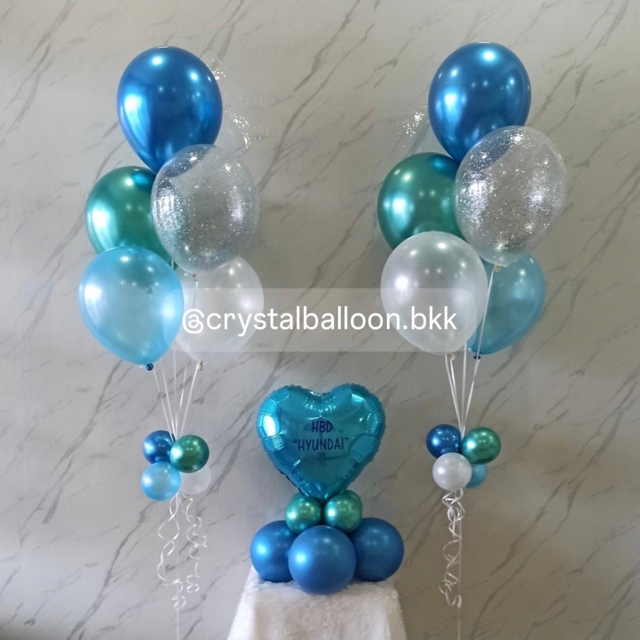 ลูกโป่ง วันเกิด ช่อลูกโป่ง ฟอยล์หัวใจสีน้ำเงิน ขนาด 18" ตั้งฐาน พร้อม ช่อ 5 ลูก 2 ช่อ ธีมเสีฟ้า-น้ำเงิน พร้อมตกเเต่ง สามารถเปลี่ยนสีลูกโป่ง/ใส่ข้อความได้