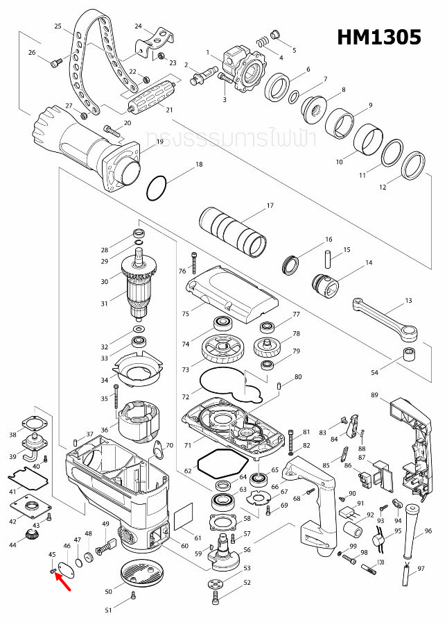 สกรู M4X10 สกัด เจาะพื้น มากีต้า Makita HM1305, HM1306 [#45] Pn.266167-6 (แท้) ##(**)