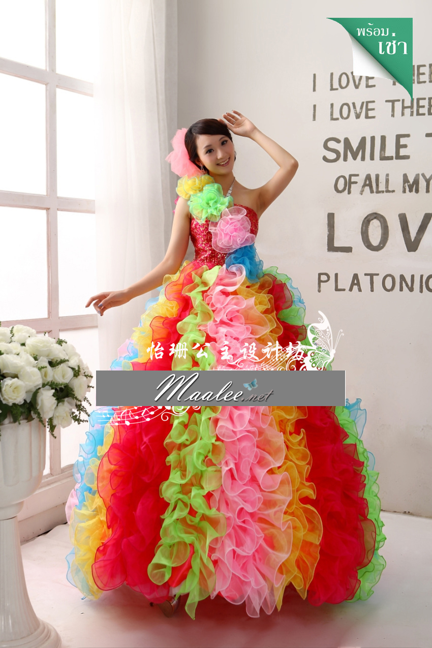 พร้อมเช่า ชุดแฟนซียาว ไหล่เดียว สีรุ้ง ระบายฟูสวย ไหล่เดียว (ซิปหลัง)