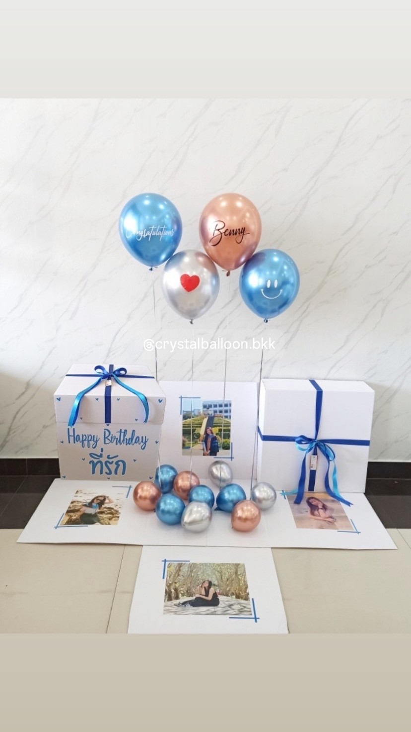 Happy Birthday Surprised box กล่องเซอร์ไพรส์วันเกิด พร้อม ลูกโป่ง 4 ลูก พร้อมตกเเต่ง สามารถใส่รูปได้ 2 ใบ สามารถเปลี่ยนสีลูกโป่ง/เปลี่ยนสีข้อความได้