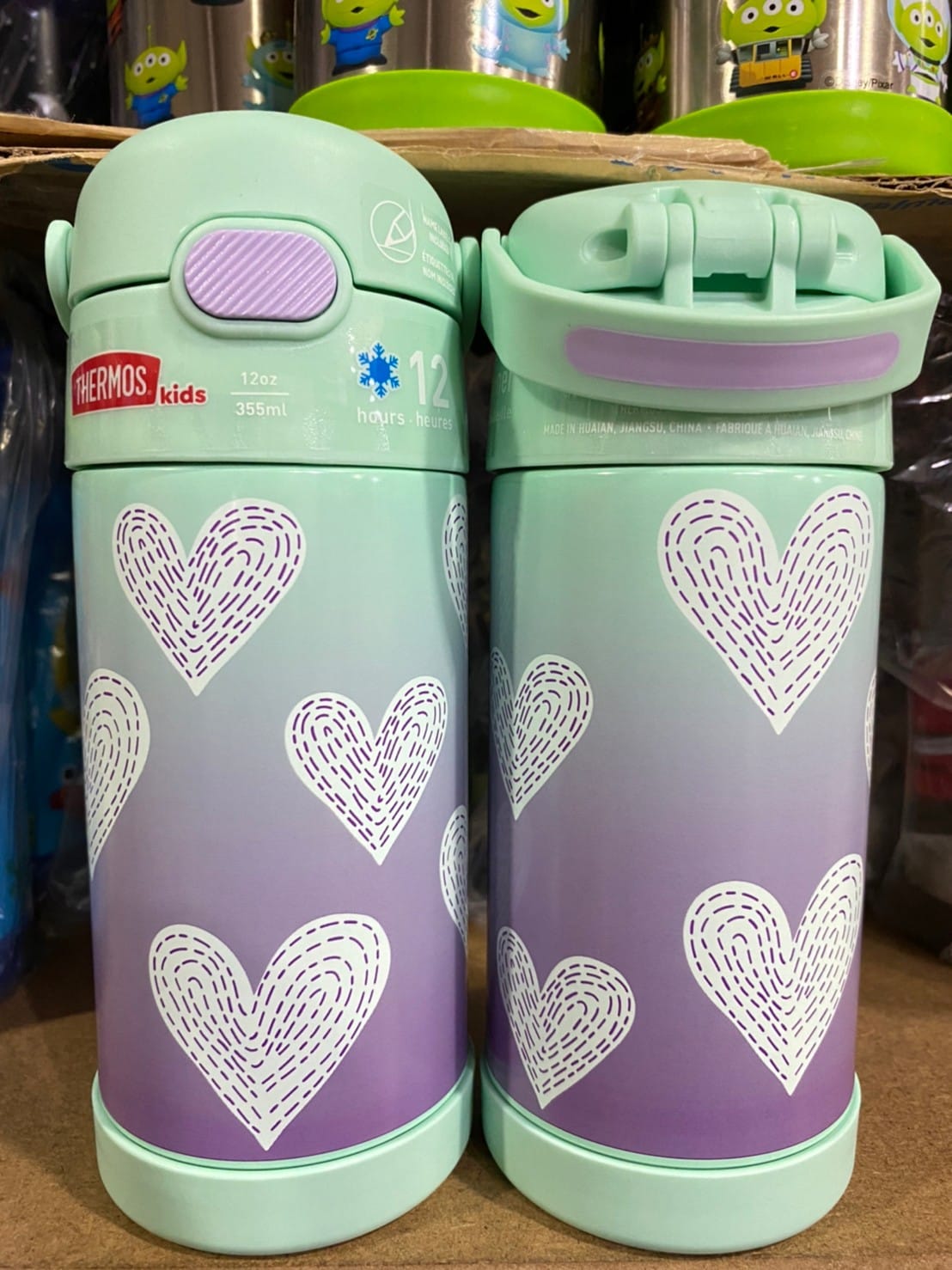 New กระติกน้ำเก็บความเย็น มีหูหิ้ว 12 Ounce Stainless Steel Vacuum Insulated Kids Straw Bottle, Purple Hearts