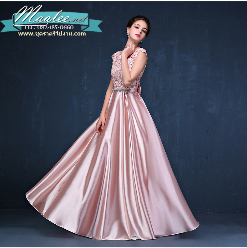 พร้อมส่ง ชุดราตรียาว แขนกุด สีชมพู อกแต่งลูกไม้ กรโปรงเนื้อผ้ามัน คาดเอวคริสตัล เซ็กซี่ผ้าหลัง เพิ่มเข็มกลัดโบว์ช่วงหลัง