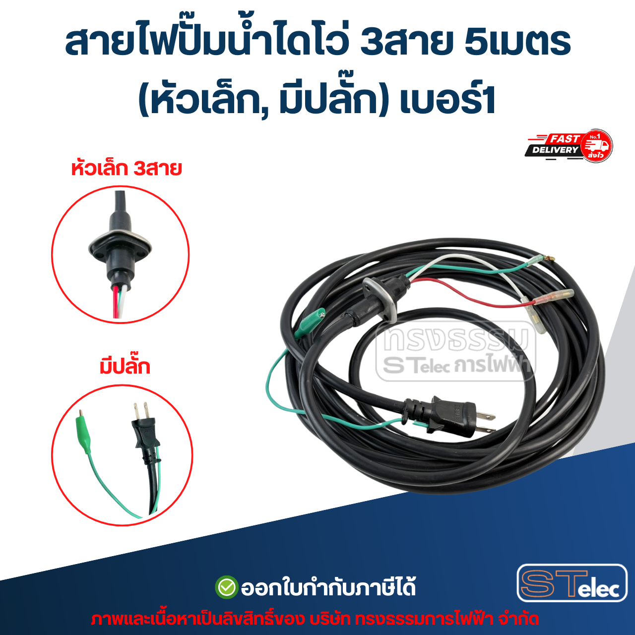 สายไฟปั๊มน้ำ สายไฟปั๊มแช่ สายไฟปั้มน้ำไดโว่ (ทองแดงแท้ 100%) อะไหล่ปั้มน้ำ