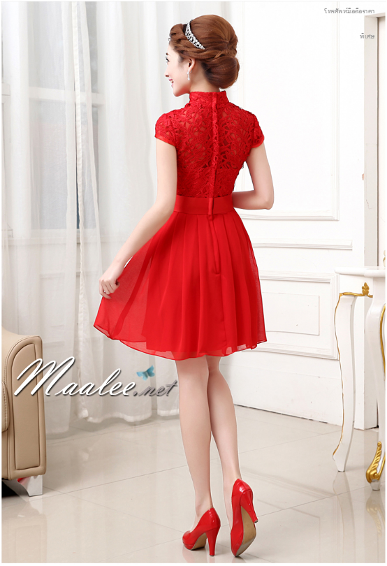 พร้อมส่ง ชุดราตรีสั้น สีแดง แขนสั้น คอจีน ลูกไม้ฉลุ กระโปรงผ้าชีฟอง