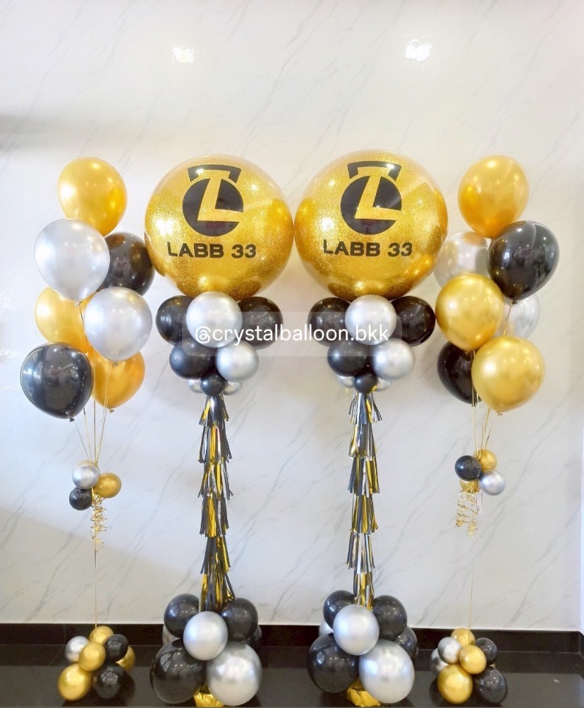 เสาลูกโป่ง เปิดงาน Bubble ขนาด 36" ดลิตเตอร์สีทอง 2 เสา พร้อม ช่อลูกโป่ง ช่อ 7 ลูก 2 ช่อ พร้อมตกแต่ง สามารถเปลี่ยนสีลูกโป่ง/เปลี่ยนข้อความได้