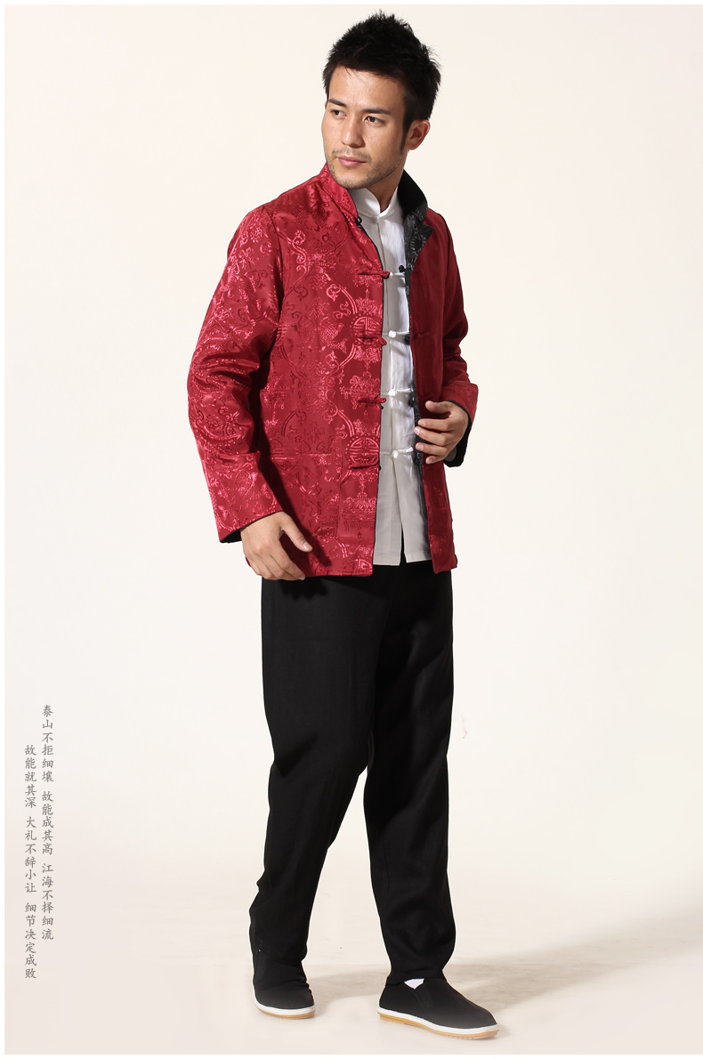 Pre-order ชุดจีน ชาย เสื้อคอจีน ผ้าแพร สีแดง / ดำ ใส่ได้สองด้าน