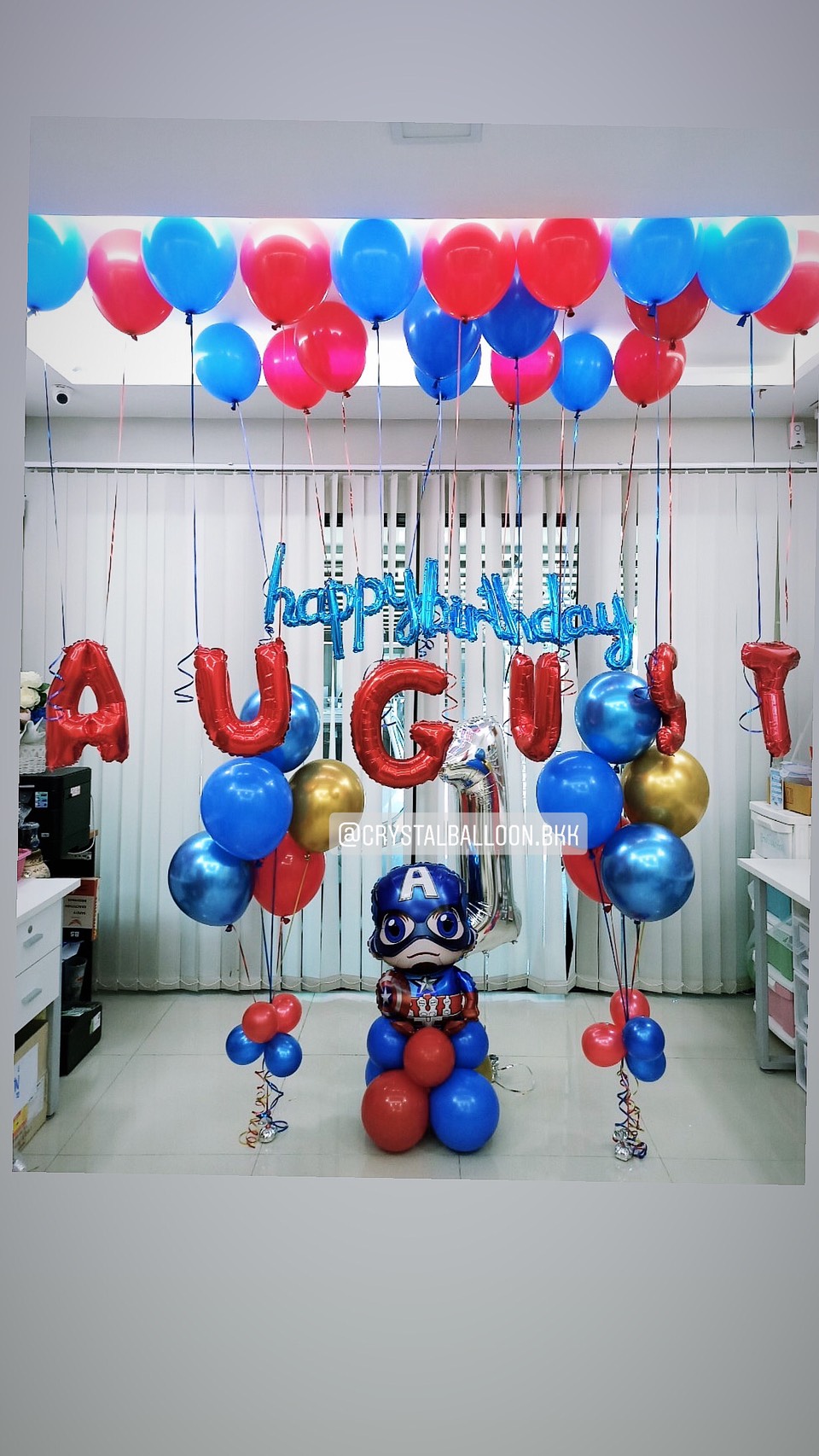 ลูกโป่ง วันเกิดเด็ก Theme Captain America ตั้งฐาน 1 ชิ้น พร้อม ช่อลูกโป่ง ช่อ 5 ลูก 2 ช่อ,ฟอยล์ตัวอักษร Happy Birthday 16" 1 ชิ้น,ฟอยล์ตัวอักษร 16" 6 ตัวอักษร พร้อม ลูกโป่ง พร้อมตกเเต่ง สามารถเปลี่ยนสีลูกโป่ง/เปลี่ยนสี-ฟอยล์ตัวอักษร/เปลี่ยนฟอยล์