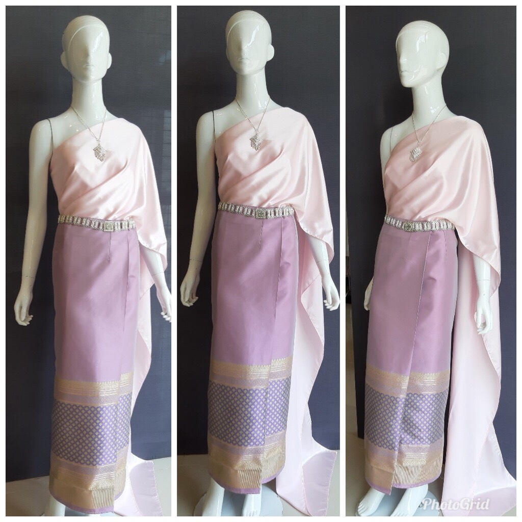 เช่า ชุดไทย ชุดเพื่อนเจ้าสาว ชุดไทยผ้าซิ่นสีเทาชมพู สไบเรียบชมพูอ่อน