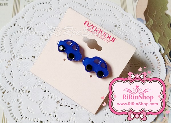 Aznavour ต่างหู ตุ้มหู เซลลูโลสรถเต่า แต่งคริสตัล Swarovski ( Blue )