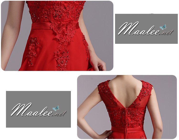 พร้อมเช่า ชุดราตรียาว สีแดง แบบเรียบหรู แต่งลูกไม้เซาะดอก ปักลูกปักมุก