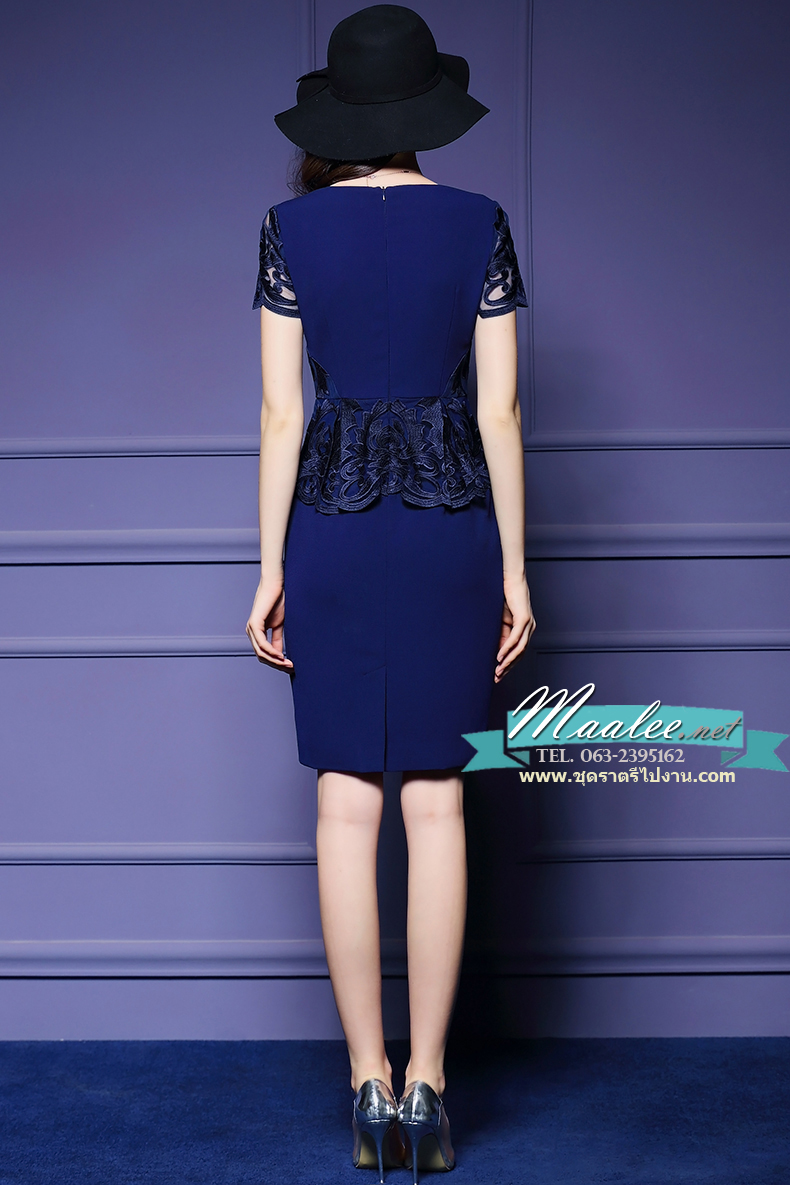 พร้อมส่ง ชุดเดรส/ชุดออกงาน แขนสั้น สีน้ำเงิน ผ้าโพลีเอสเตอร์ ตัดเย็บละเอียด จับจีบช่วงเอวช่วยพรางหน้าท้อง (ซิปหลัง) ** เหลือเฉพาะไซส์ M** ชุดมีตำหนิเล็กน้อย ดูภาพได้ด้านล่าง