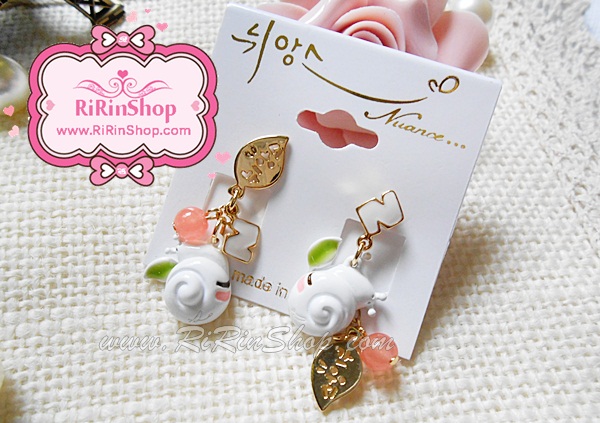 Nuance Korea ต่างหู ตุ้มหูเกาหลีหอยทากน้อยน่ารักแต่งใบไม้หินสีส้ม - ทอง