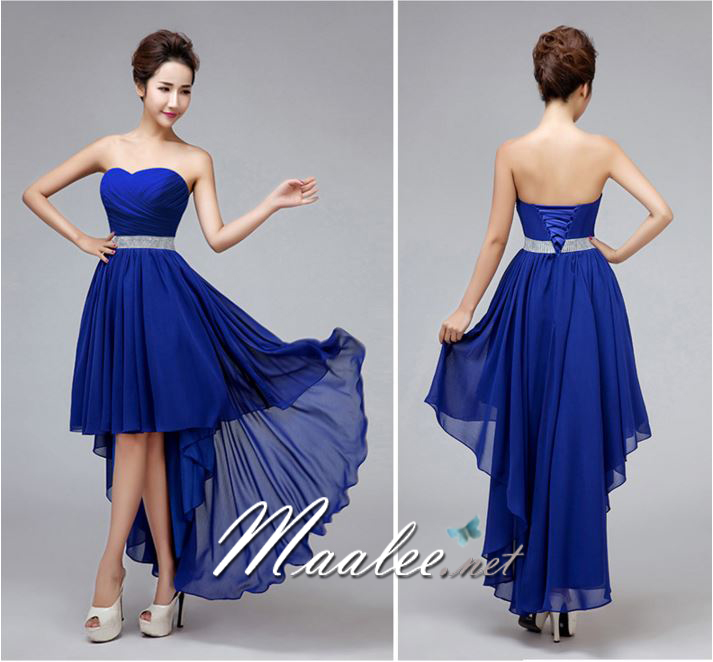 พร้อมเช่า ชุดราตรีสั้น เกาะอก หน้าสั้นหลังยาว สีน้ำเงิน (ซิปหลัง)