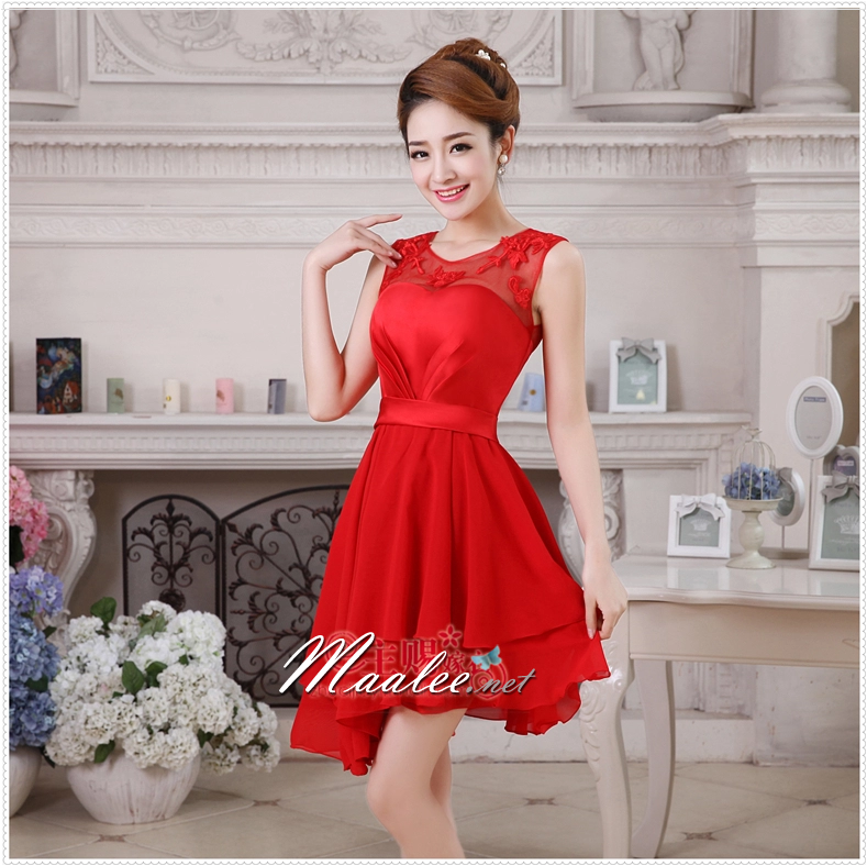 พร้อมส่ง ชุดราตรีสั้น ลูกไม้ สีแดง กระโปรงระบาย