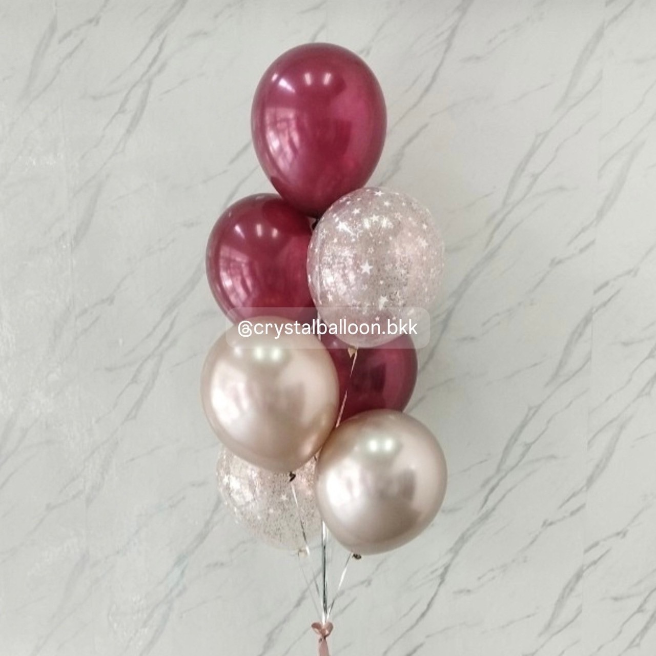 ลูกโป่ง แสดงความยินดี ช่อลูกโป่ง ช่อ 7 ลูก 1 ช่อ สี Red Wine/แชมเปญโกลด์โครเมี่ยม/ลูกโป่งใส ลายดาว ใส่ กลิตเตอร์ พร้อมตกแต่ง สามารถเปลี่ยนสีลูกโป่งได้