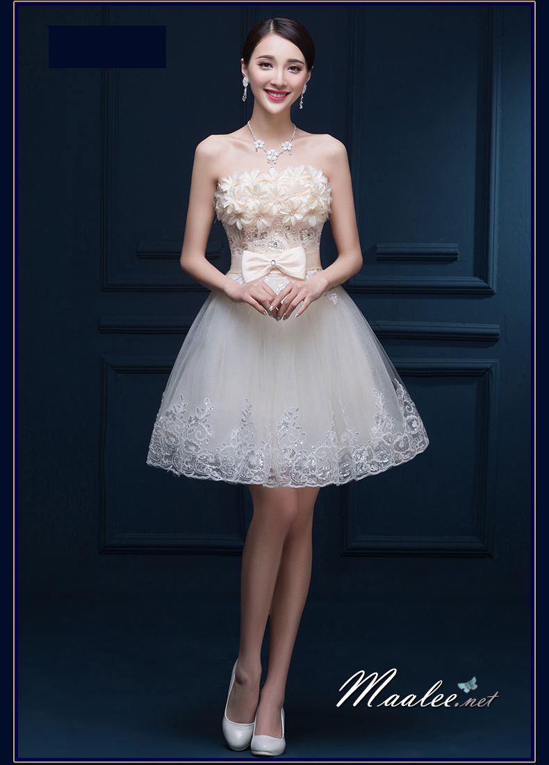 พร้อมเช่า ชุดราตรีสั้น เกาะอก แต่งดอกช่วงอก ผ้าตาข่ายปักเลื่อม แต่งโบว์คริสตัลช่วงเอว สีครีม Champagne