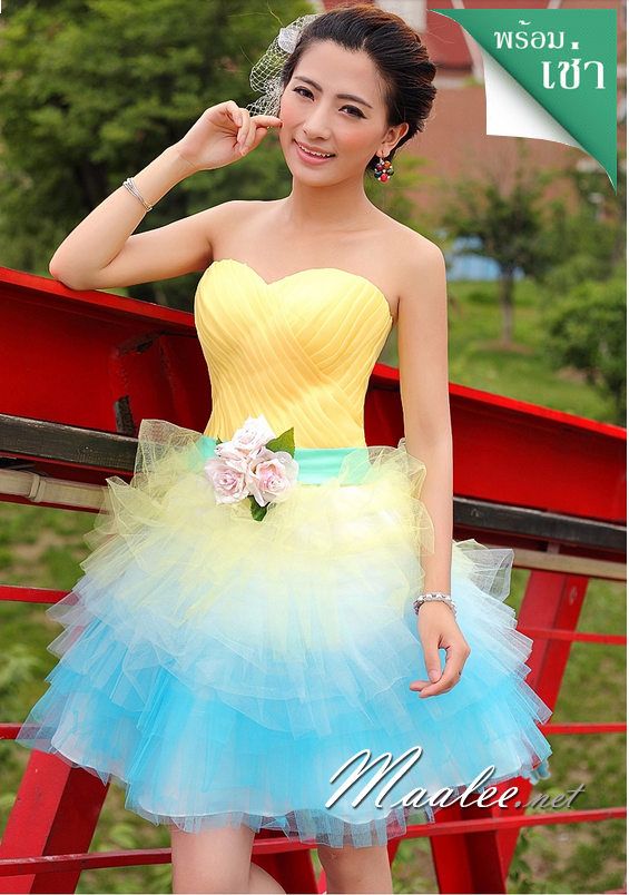 พร้อมเช่า ชุดแฟนซี เช่า 500 ชุดราตรีสั้น เกาะอก สีเหลือง อกจับจีบตีเกล็ด กระโปรงตาข่าย น่ารักมาก