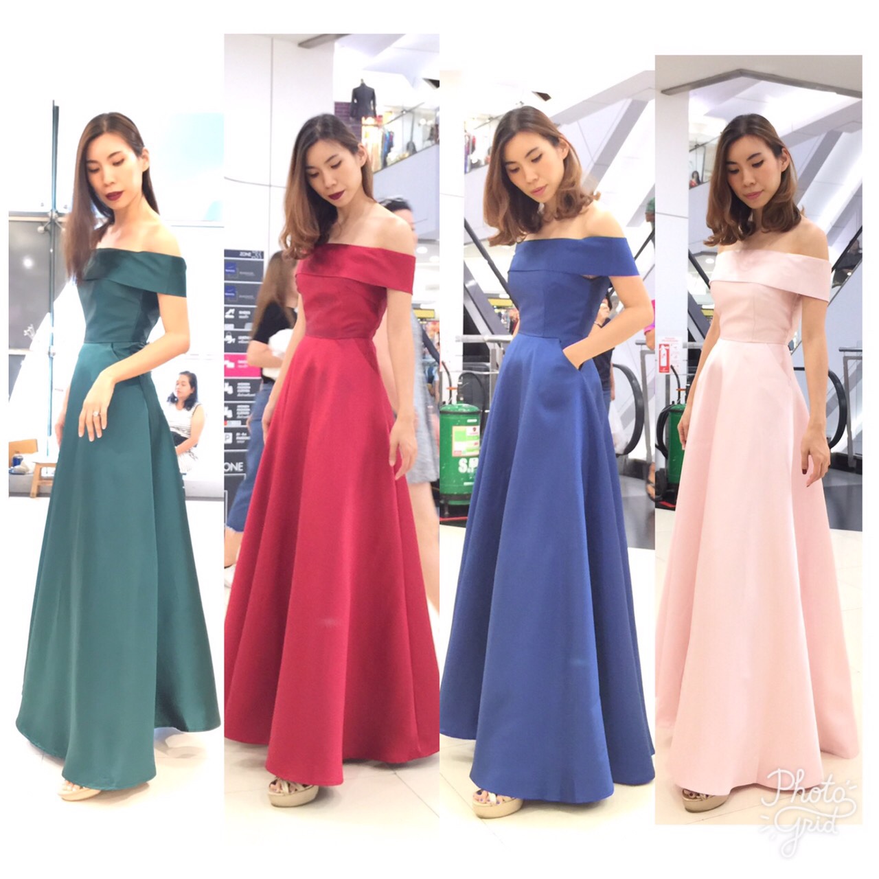 พร้อมเช่า ชุดราตรียาว ไหล่ปาด สีชมพู กระโปรงย้วย