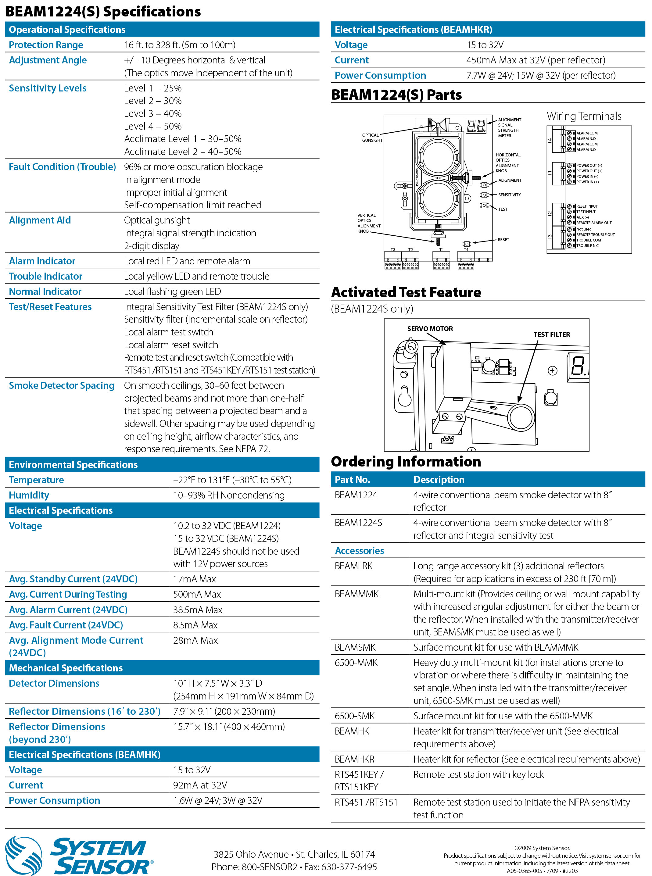Conventional Single-ended Reflected Beam Smoke Detector รุ่น BEAM1224 ยี่ห้อ SYSTEM SENSOR