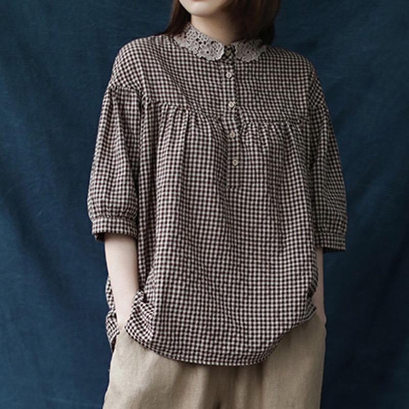 เสื้อผ้าฝ้ายลายสก็อตปกลูกไม้