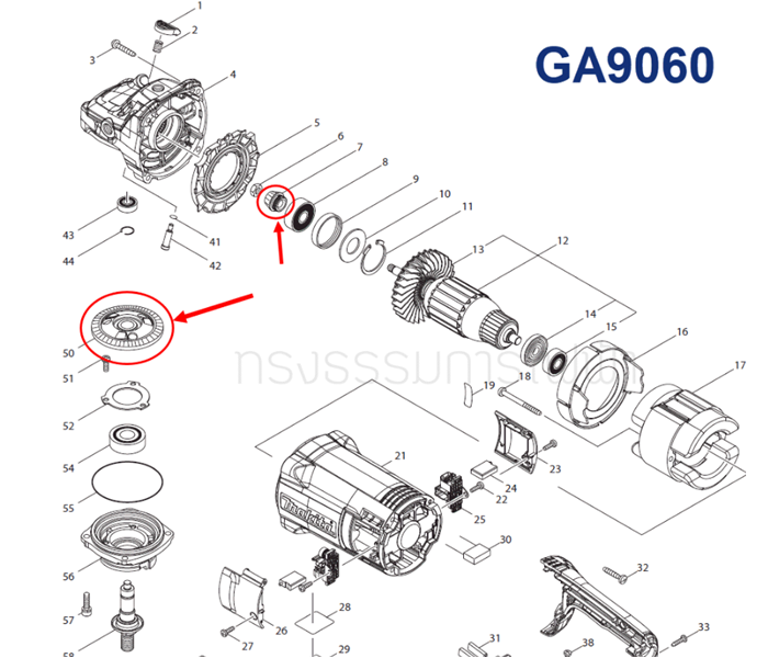 เฟืองชุด หินเจียร Makita GA9060, GA9062 [#50,#7] Pn.227652-4, 227653-2 (แท้) ## (*)