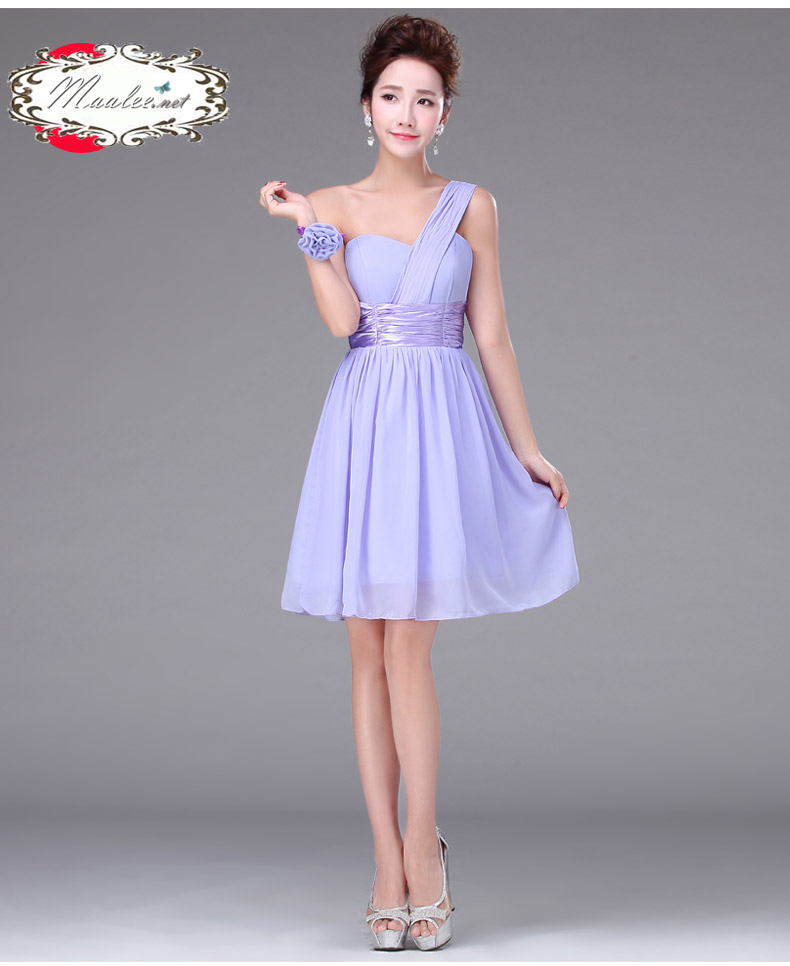 พร้อมส่ง ชุดราตรีสั้น บ่าเฉียง สีม่วง คอเว้า Sweet Heart คาดเอวผ้าซาติน