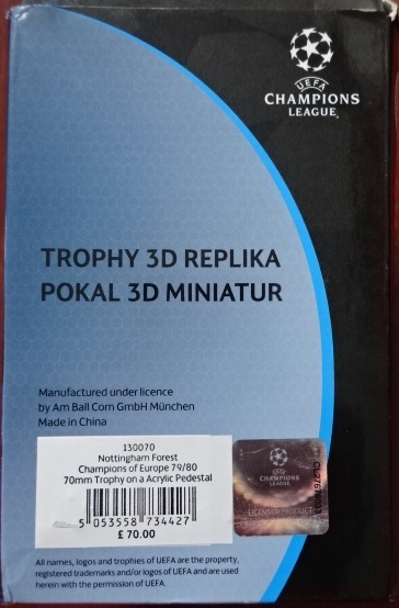 โมเดลถ้วยรางวัลฟุตบอล การแข่งขันฟุตบอลยูฟ่า แชมป์เปี้ยน ลีก - UEFA CHAMPIONS LEAGUE 3D TROPHY on an ACRYLIC PEDESTAL - สโมสรน็อตติ้งแฮม ฟอเรสต์ ราชันย์แห่งยุโรป 1979 และ 1980 ใหม่ / UEFA CHAMPIONS LEAGUE International Football Tournament Football Trophy M