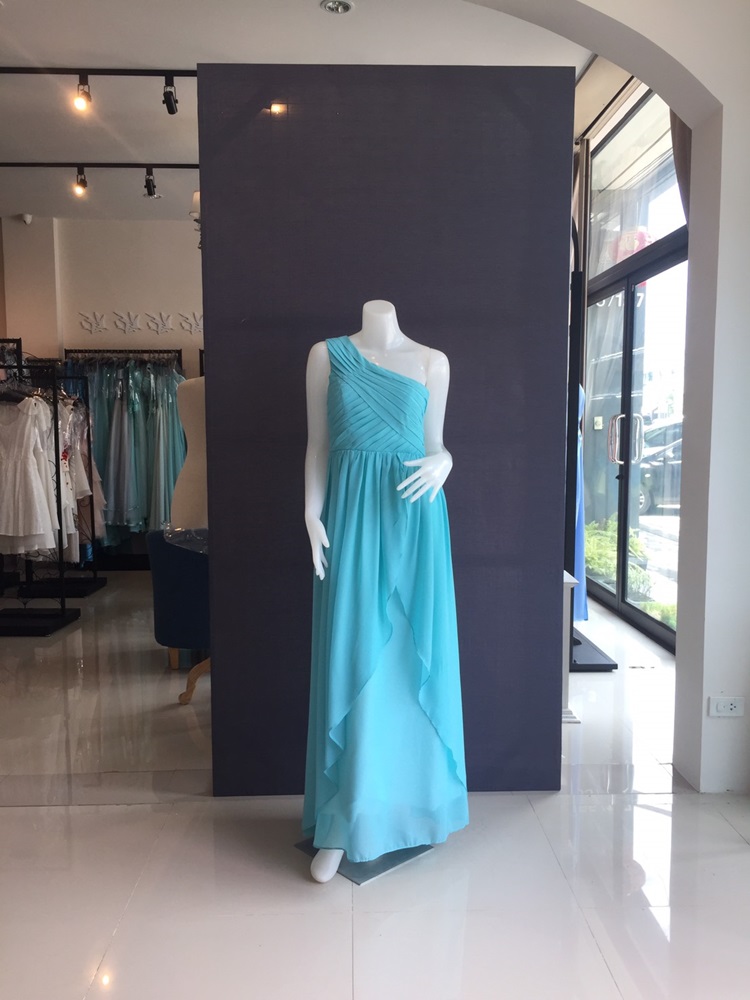 พร้อมส่ง ชุดราตรียาว ชุดเพื่อนเจ้าสาว สีฟ้ามิ้นต์ แบบ A ไหล่เดียว แต่งระบายด้านหน้า