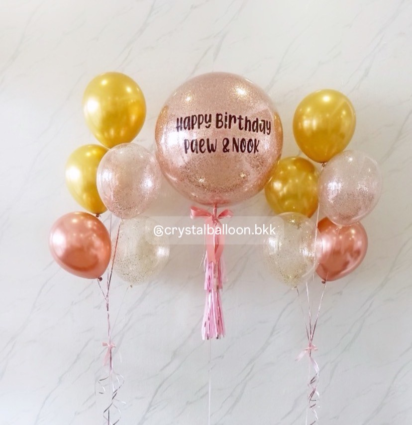 ลูกโป่ง วันเกิด Bubble ขนาด 24" กลิตเตอร์สีโรสโกลด์ พร้อมลูกโป่งช่อ 5 ลูก 2 ช่อ Theme โรสโกลด์ - ทอง พร้อมตกแต่ง สามารถเปลี่ยนสีลูกโป่ง/้เปลี่ยนข้อความ/เปลี่ยนขนาดลูกโป่งได้