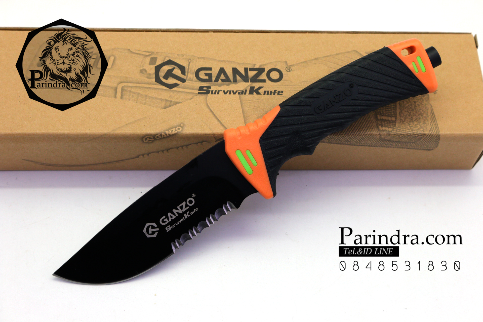 มีดใบตายเดินป่า Ganzo Hunting Survival Knife กานโซ่ รุ่น G-801 ORS สีดำตัดส้มรุ่นใหม่ ใบมีดกึ่งหยัก ของแท้ 100%