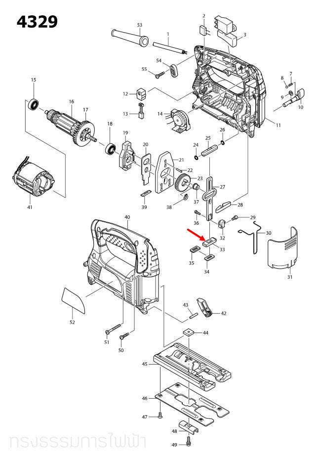 ตัวประคองแกนชัก(ล่าง) เลื่อยจิ๊กซอว์ Maktec, Makita MT431, 4324, 4329 [#33], M4301B Pn.313086-8 (แท้) #A13