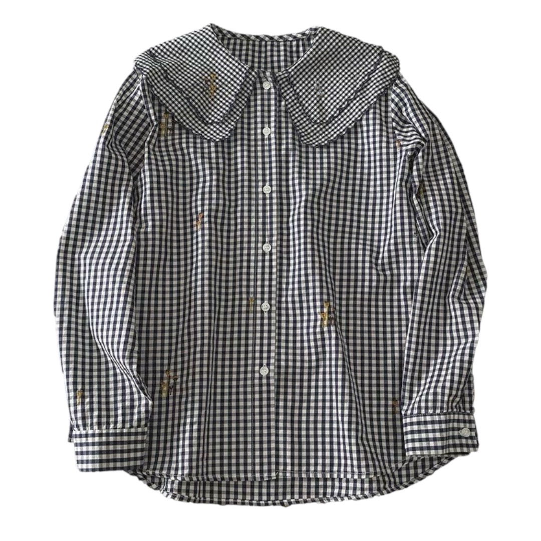 เสื้อคอบัวผ้าฝ้ายลายสก็อตลายปัก