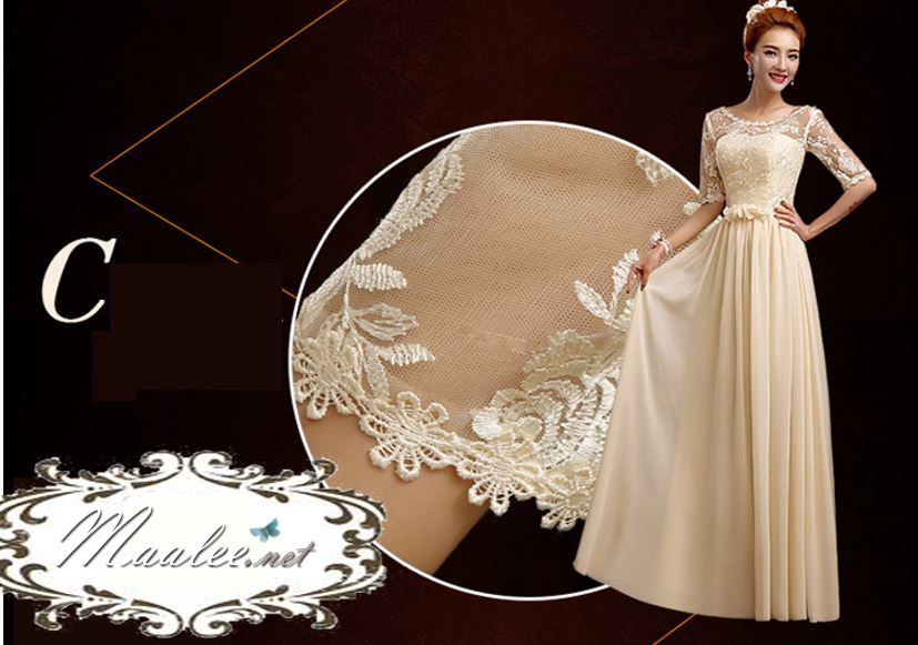 พร้อมส่ง ชุดราตรียาว ชุดเพื่อนเจ้าสาว สีครีม แบบ C แขนยาว ผ้าตาข่ายแต่งลูกไม้โปร่ง เอวเพิ่มดอกสวย (เชือกผูกด้านหลัง)