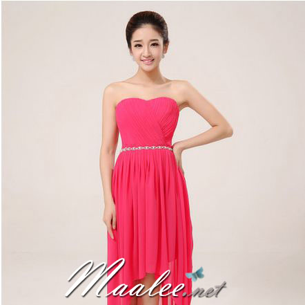 พร้อมส่ง ชุดราตรีสั้น เกาะอก หน้าสั้นหลังยาว สีฟ้าอ่อน อัดพลีตหน้าอก คาดเอวคริสตัล