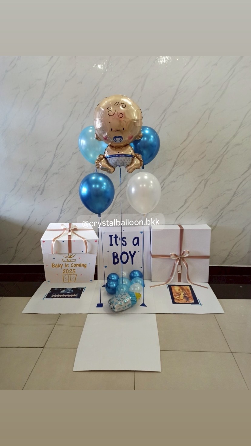 Surprised Box กล่องทายเพศ พร้อมตกแต่ง ลูกโป่ง 4 ลูก ฟอยล์เด็กทารก 1 ชิ้น พร้อมตกแต่ง สามารถใส่รูปได้ 2 รูป สามารถเปลี่ยนสีลูกโป่ง/เปลี่ยนสี-ฟอยล์ตกแต่ง/เปลี่ยนข้อความได้