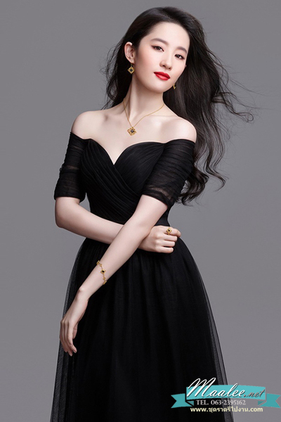 พร้อมเช่า ชุดราตรียาว & แบบปาดไหล่ สีดำ กระโปรงผ้าโปร่งตาข่ายนิ่ม ใส่สบายตัว อกจับจีบ ผ้าซาตินคาดเอว (เชือกผูกหลัง)