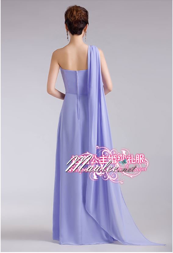 พร้อมส่ง ชุดราตรียาว ไหล่เดียว สีม่วงอ่อน จับเตรปสไตล์กรีก คาดคริสตัลช่วงเอว