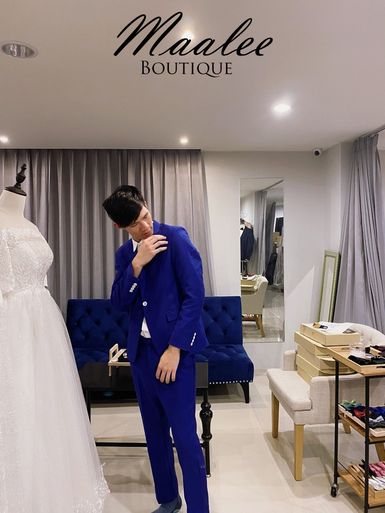 พร้อมเช่า ชุดสูทชาย สีน้ำเงิน กระดุมขาว (มีเสื้อกั๊ก)