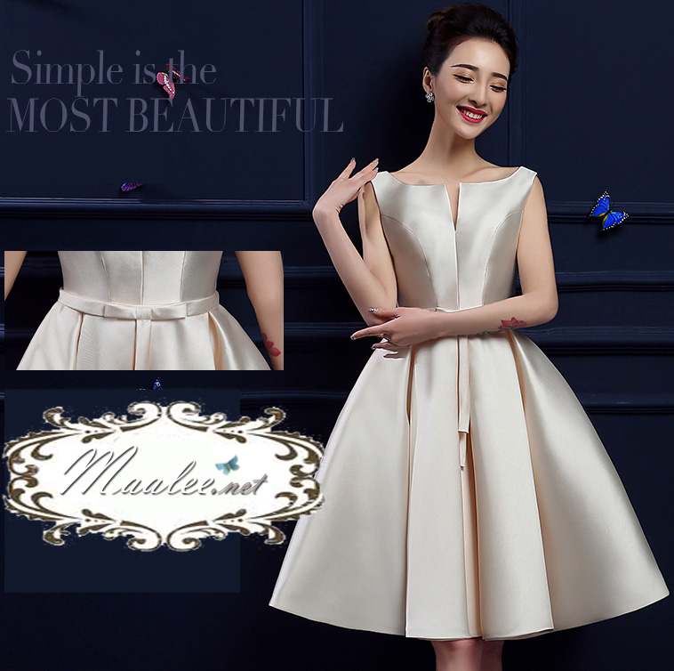 พร้อมเช่า ชุดราตรีสั้น แบบแขนกุด ผ้าซาตินเรียบหรู กระโปรงทรงA แต่งโบว์2ชั้น ช่วงเอว สีครีม Champagne (เชือกผูกหลัง)