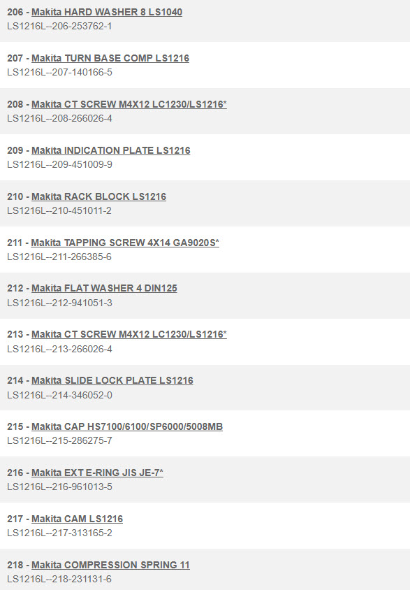 LS1216L, LS1016L แท่นตัดองศา Makita Spare Parts