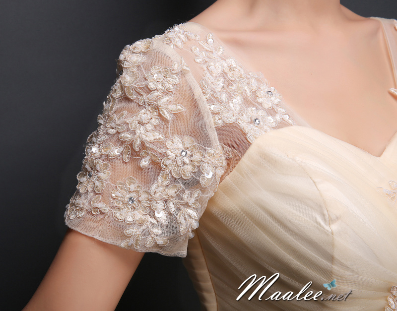 พร้อมเช่า ชุดราตรียาว แขนสั้น แต่งผ้าตาข่ายนิ่มทั้งชุด ปักเลื่อม&ลูกไม้ แบบเรียบหรู สไตล์เจ้าหญิง สีครีม Champagne