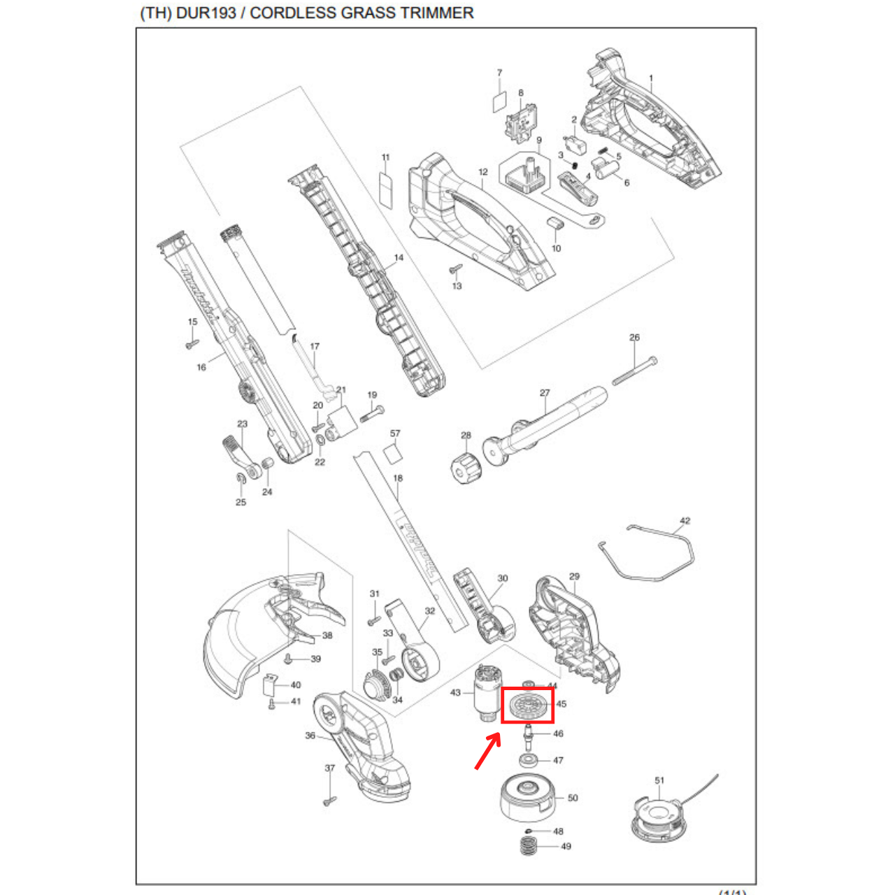 Helical Gear 48 เครื่องตัดหญ้าแบบไร้สาย มากีต้า Makita DUR193 [#45] Pn.227949-1 (แท้) ##