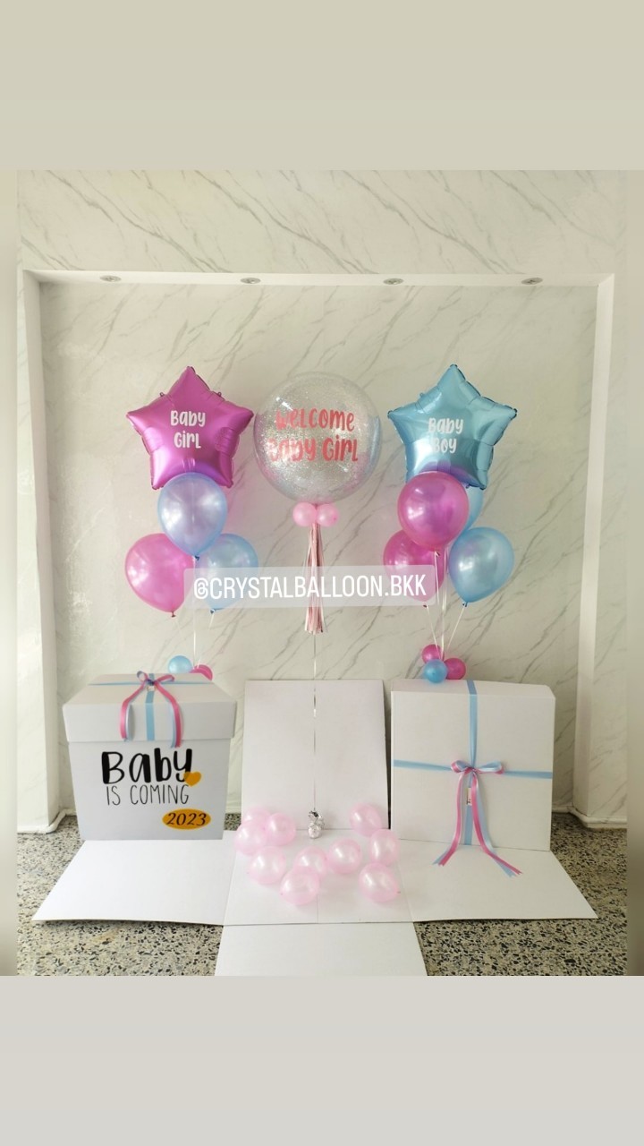 Welcome Baby แบบกล่องเซอร์ไพรส์ Bubble 24" พร้อมตกแต่ง ช่อลูกโป่งดาว 2 ช่อ สามารถเปลี่ยนสีลูกโป่ง/เปลี่ยนข้อความได้
