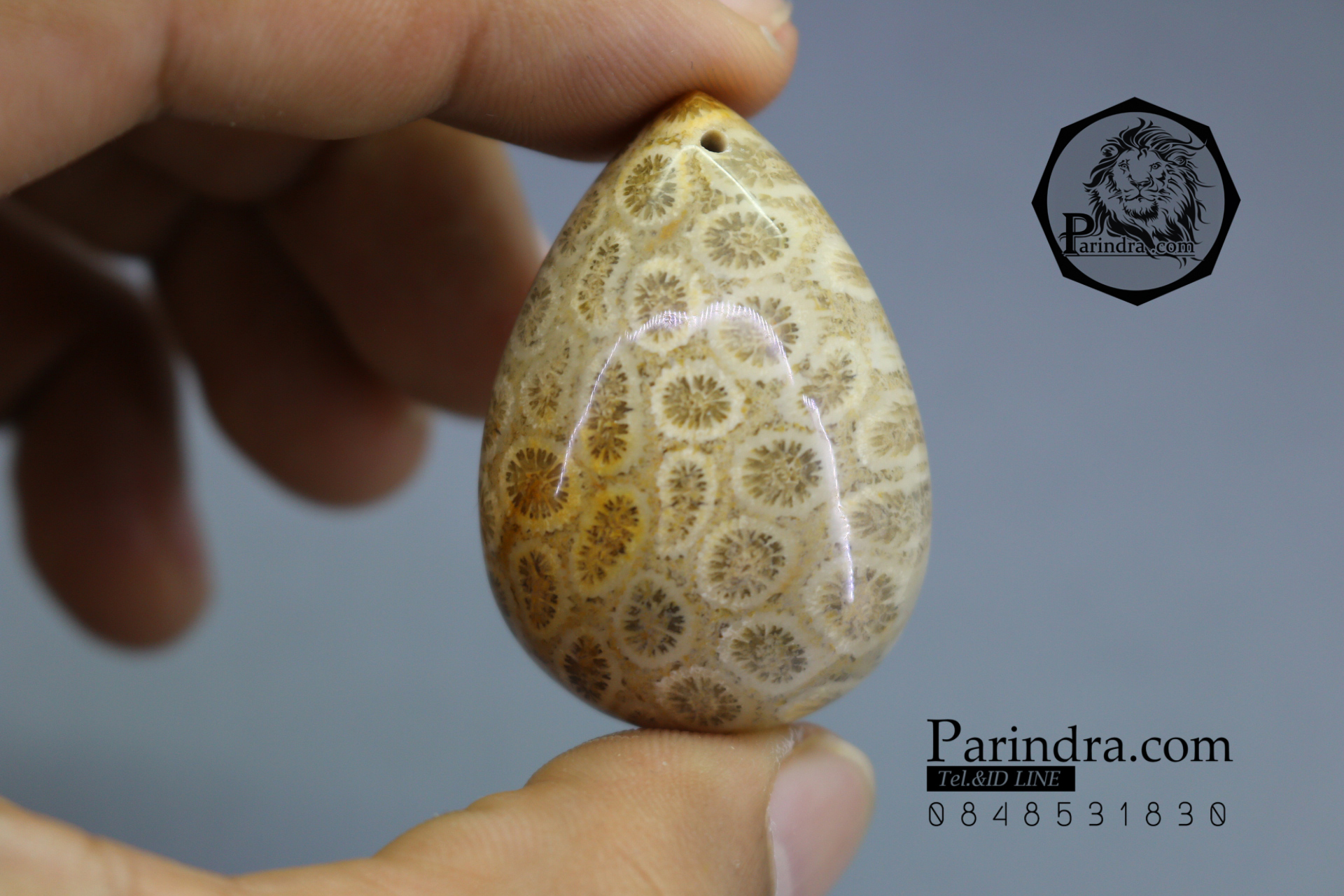 ฟอสซิลหินปะการังขัด Fossil Coral ใหญ่และหนา สำหรับห้อยคอ หรือ พวงกุญแจ คัดสวยพิเศษ #CRF014