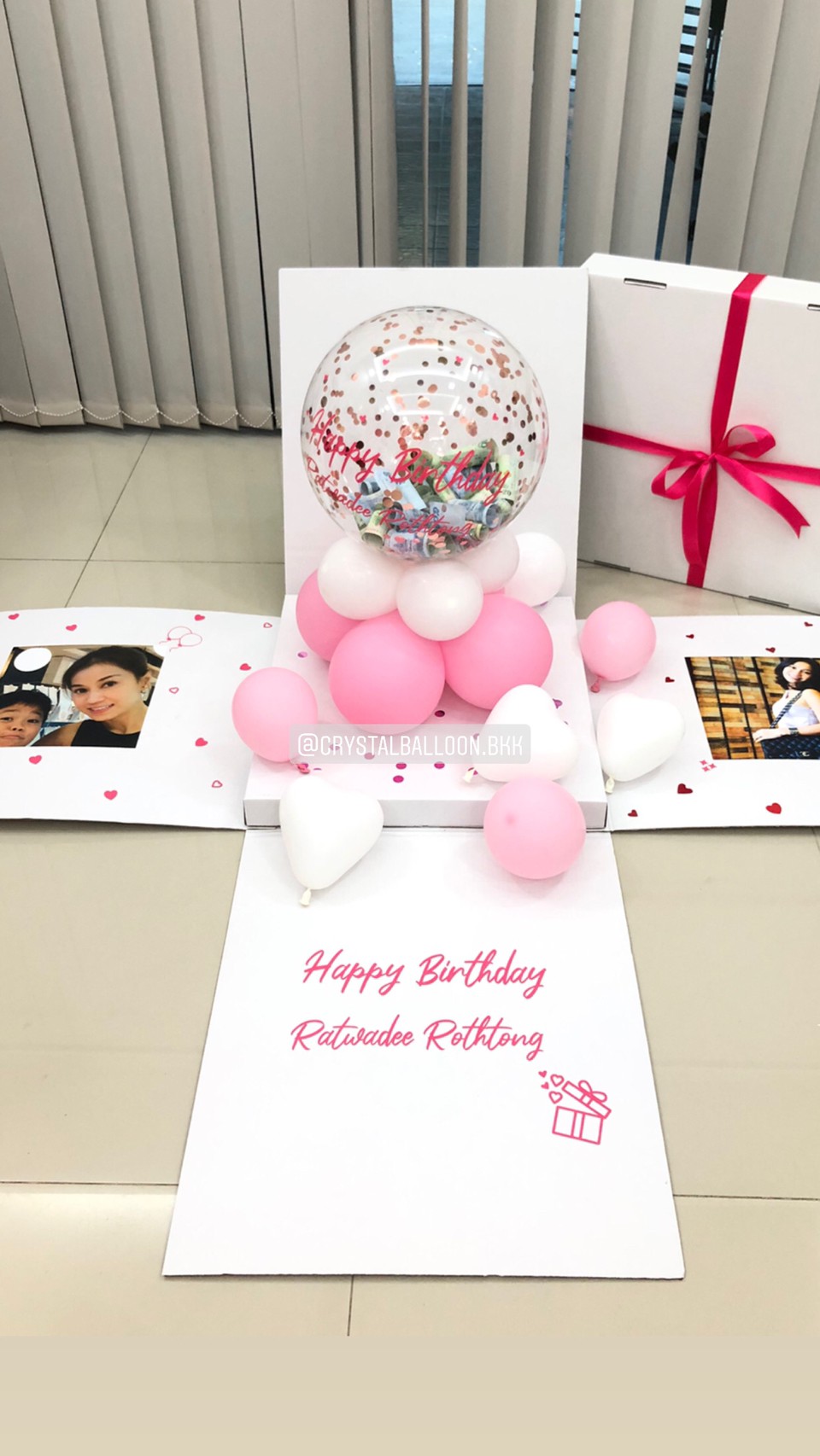 Surprise Box กล่องเซอร์ไพรส์วันเกิด Bubble ตั้งฐาน โทนสี ชมพู สามารถใส่เงินได้ พร้อมตกแต่ง สามารถใส่รูปได้ 2 ใบ