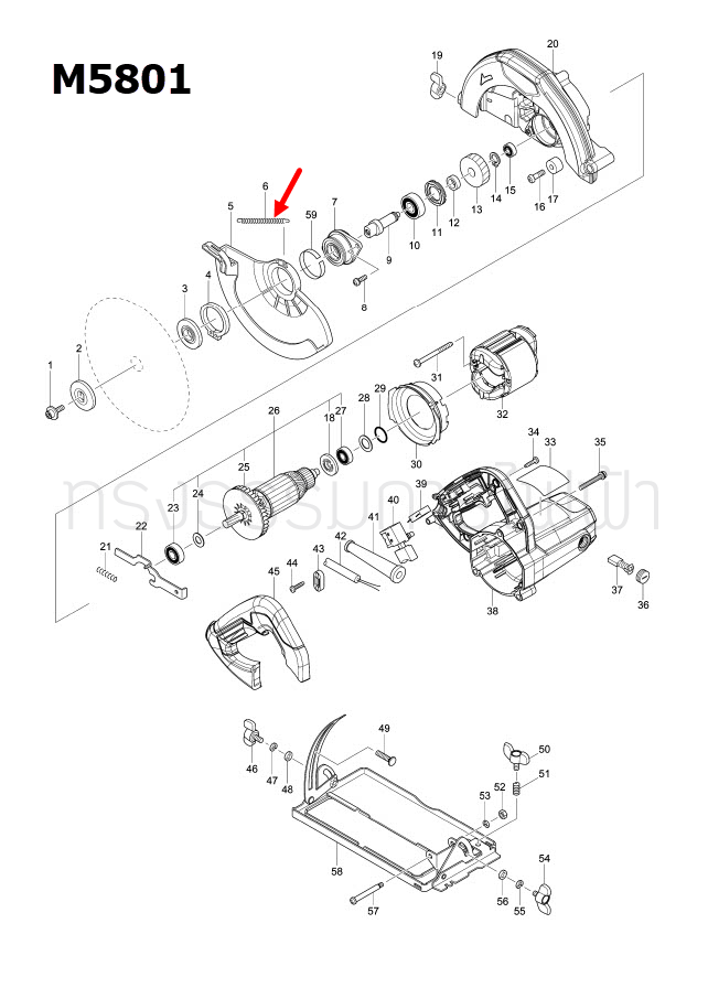 สปริงบังใบล่าง เลื่อยวงเดือน Maktec-Makita MT560, MT580, MT583, M5801, M5801B [#6] Pn.231833-4 (แท้) ##(*)